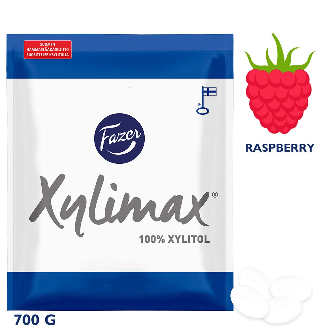 Xylitol Raspberry Candy Xylimax Raspberry full xylitol pastilles 94% 700 g - Fazer.com